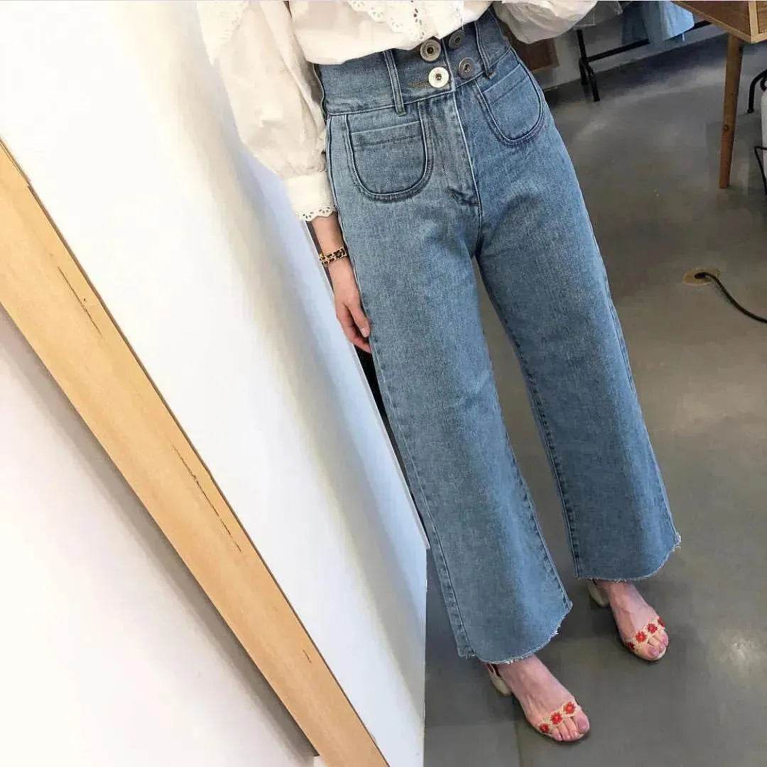 Retro High Waist Wash Double Breasted Pocket Loose Slimming And Wide Leg Denim Trousers For Women - www.Shopthatapp.com
