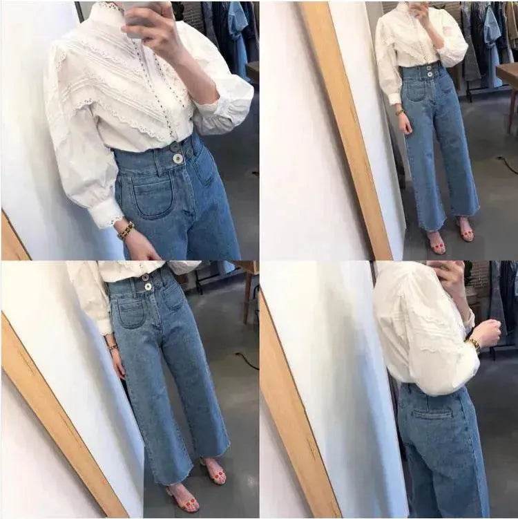 Retro High Waist Wash Double Breasted Pocket Loose Slimming And Wide Leg Denim Trousers For Women - www.Shopthatapp.com
