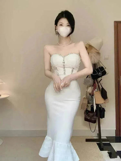 Rhinestone Waist-tight Hip Lotus Leaf Fishtail Gown - www.Shopthatapp.com