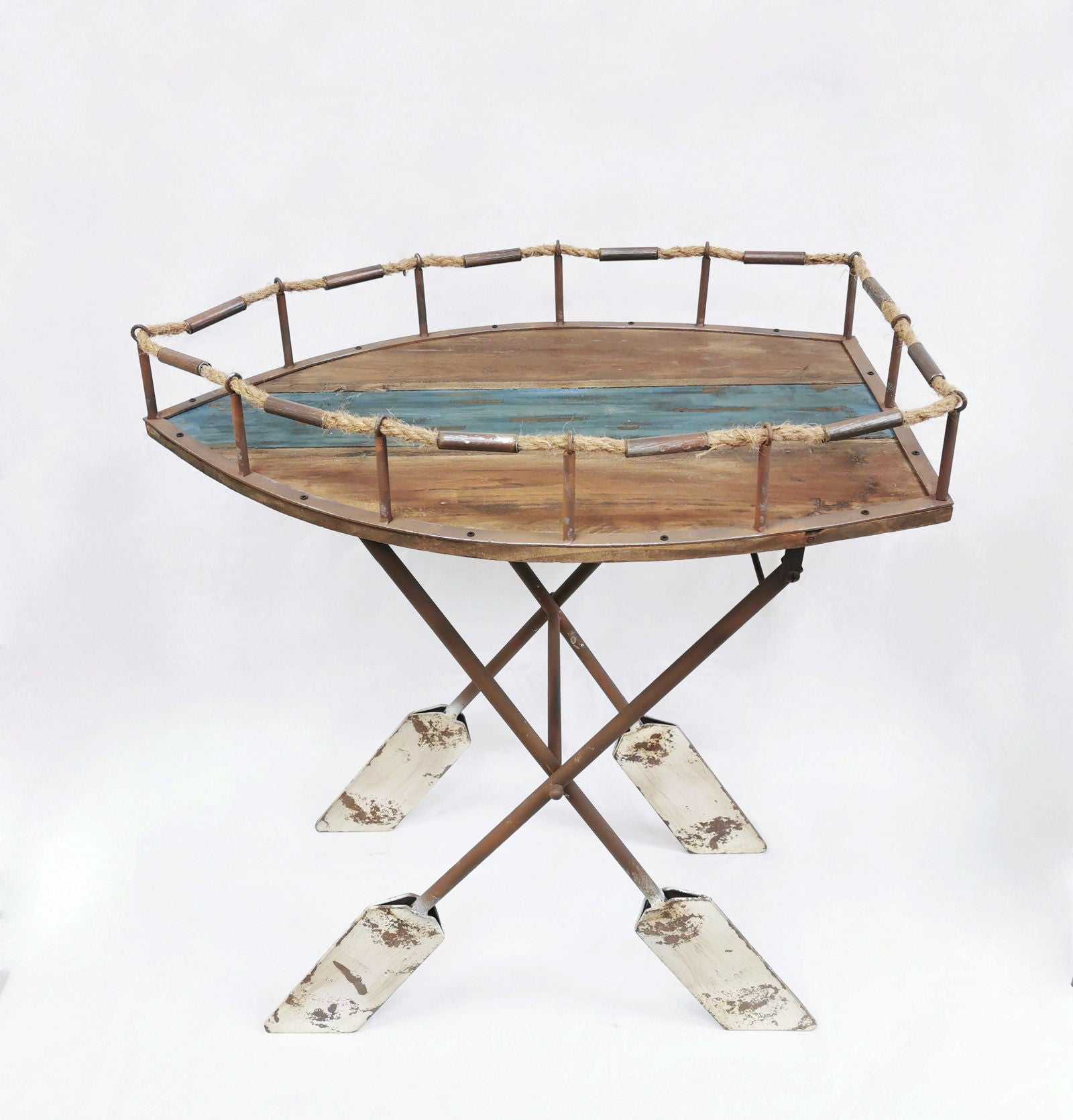 Rustic boat console table featuring a unique design with oar-shaped legs and a wooden top