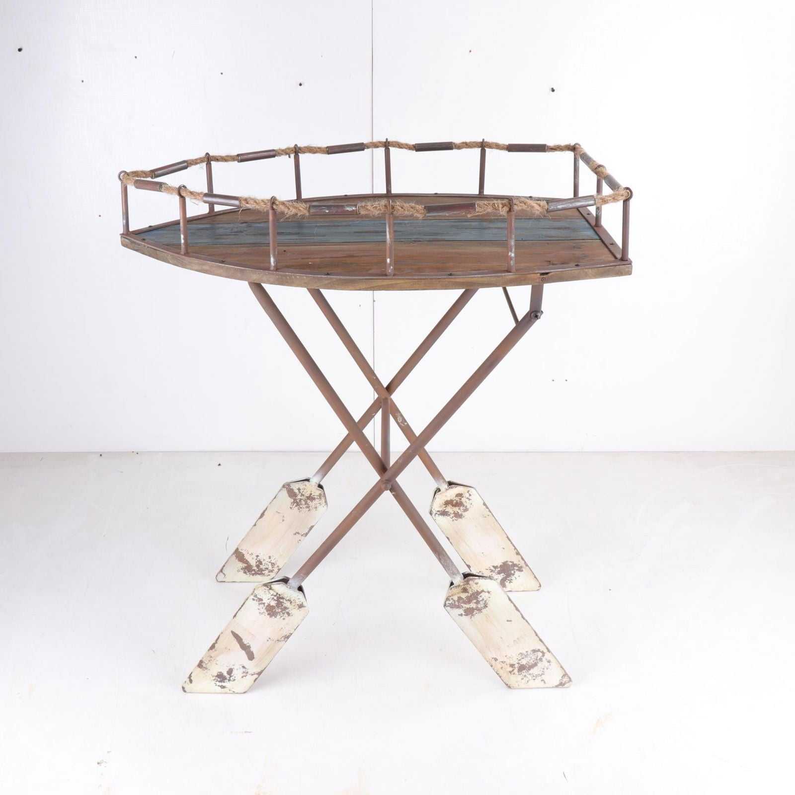 Peterson Housewares rustic boat console table with a unique boat-shaped top and decorative boat oar legs