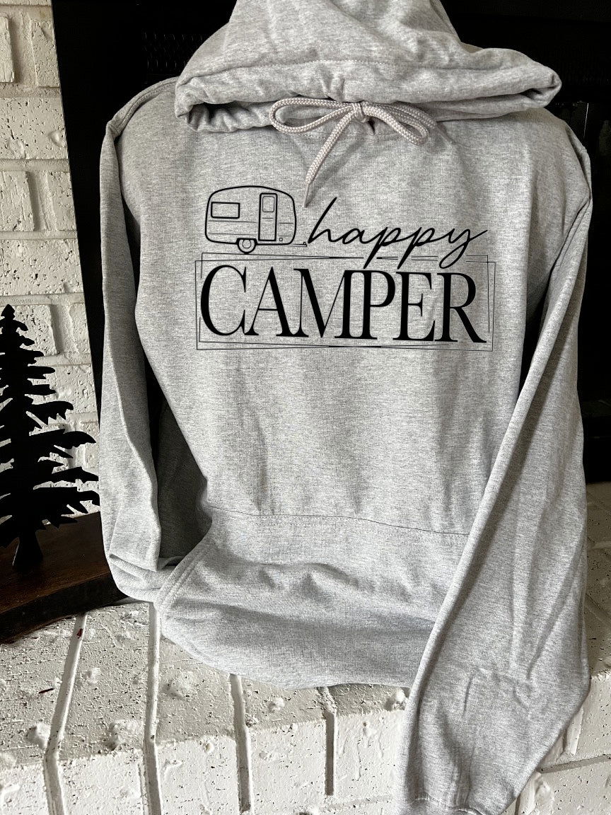 Happy Camper t-shirt in gray featuring a stylish camper graphic for cozy casual wear