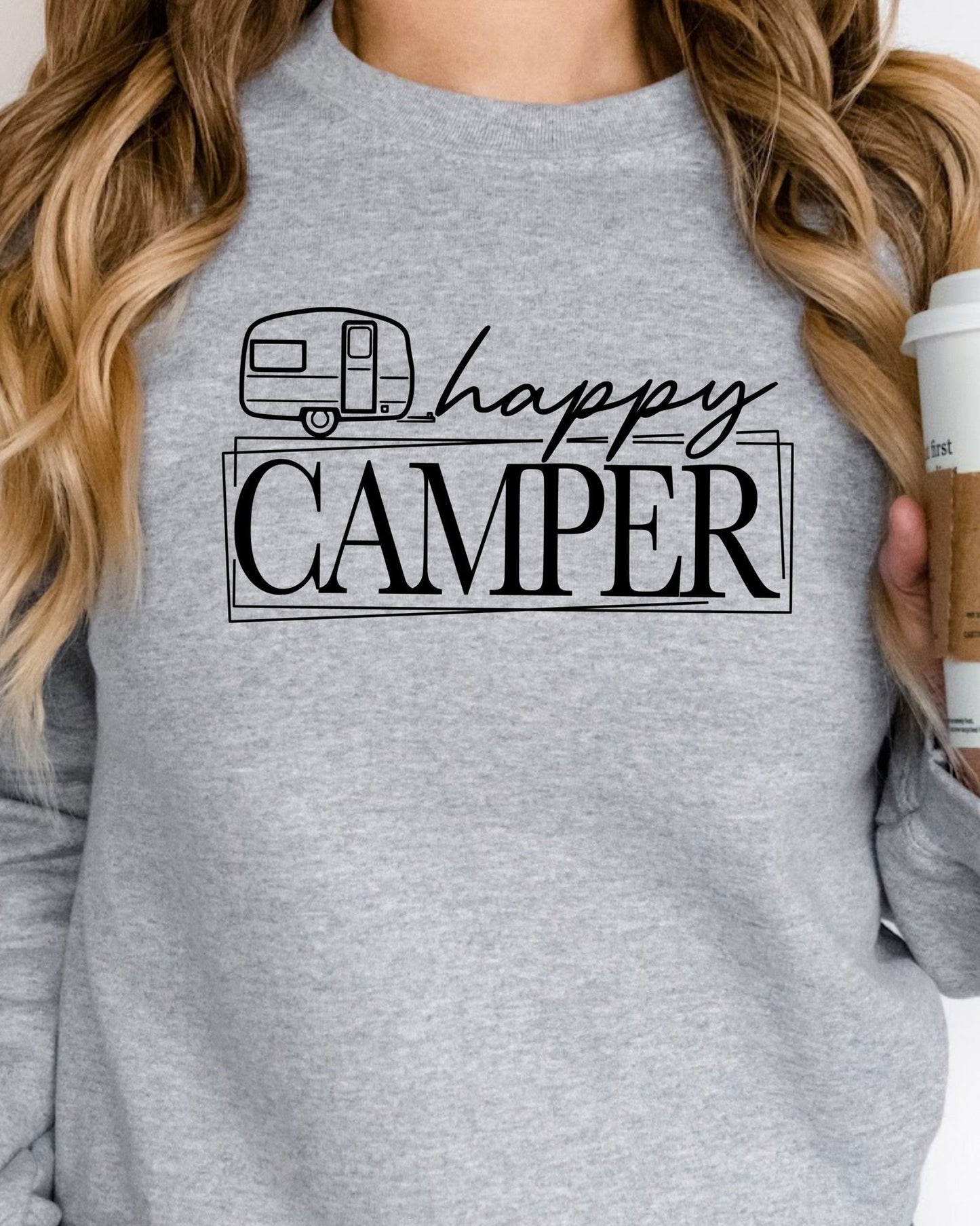 Women's Happy Camper t-shirt in gray featuring a vintage camper design for outdoor enthusiasts