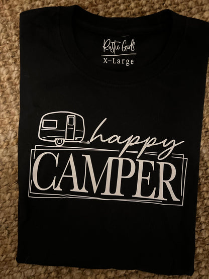 Rustic Girls Happy Camper t-shirt in black featuring a vintage camper design
