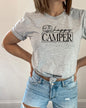Gray Happy Camper t-shirt for women featuring a fun camper design, perfect for outdoor enthusiasts