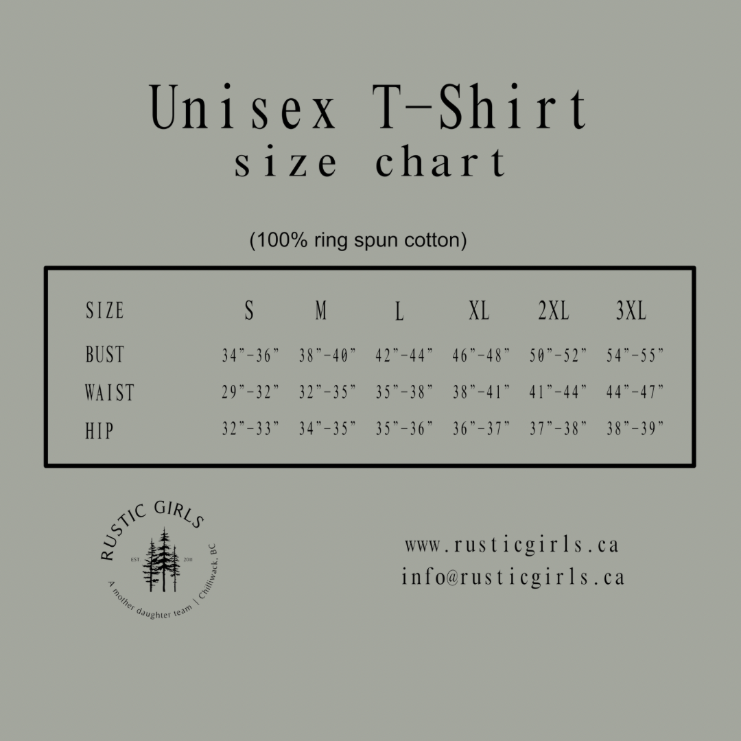 Unisex T-Shirt size chart from RusticGirls.Trilogy for Happy Camper t-shirt with measurements