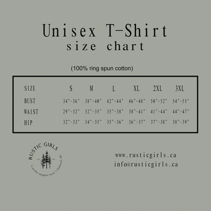 Unisex T-Shirt size chart from RusticGirls.Trilogy for Happy Camper t-shirt with measurements