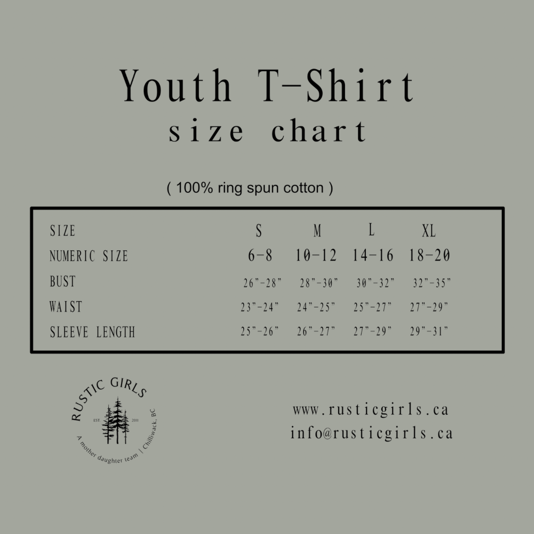Youth T-Shirt size chart from RusticGirls.Trilogy for Happy Camper t-shirt sizing