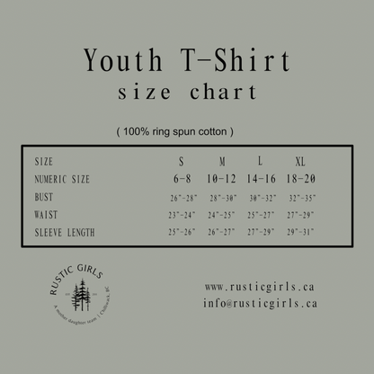 Youth T-Shirt size chart from RusticGirls.Trilogy for Happy Camper t-shirt sizing