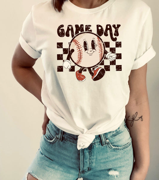 Women's Game Day t-shirt with a cute baseball graphic and checkered pattern