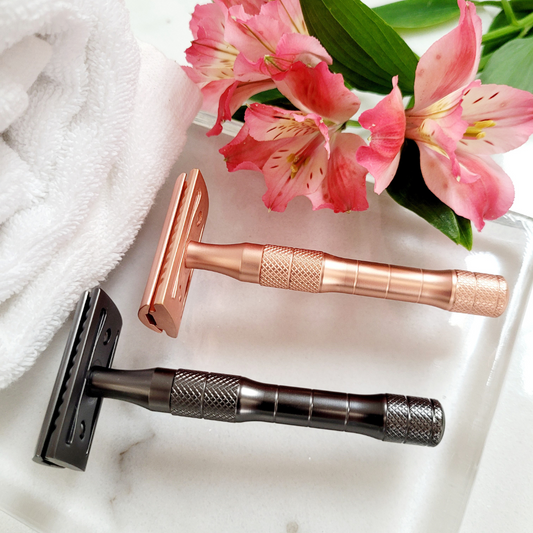 Caley-Beth safety razor for men in black and rose gold with floral accents for a stylish shaving experience
