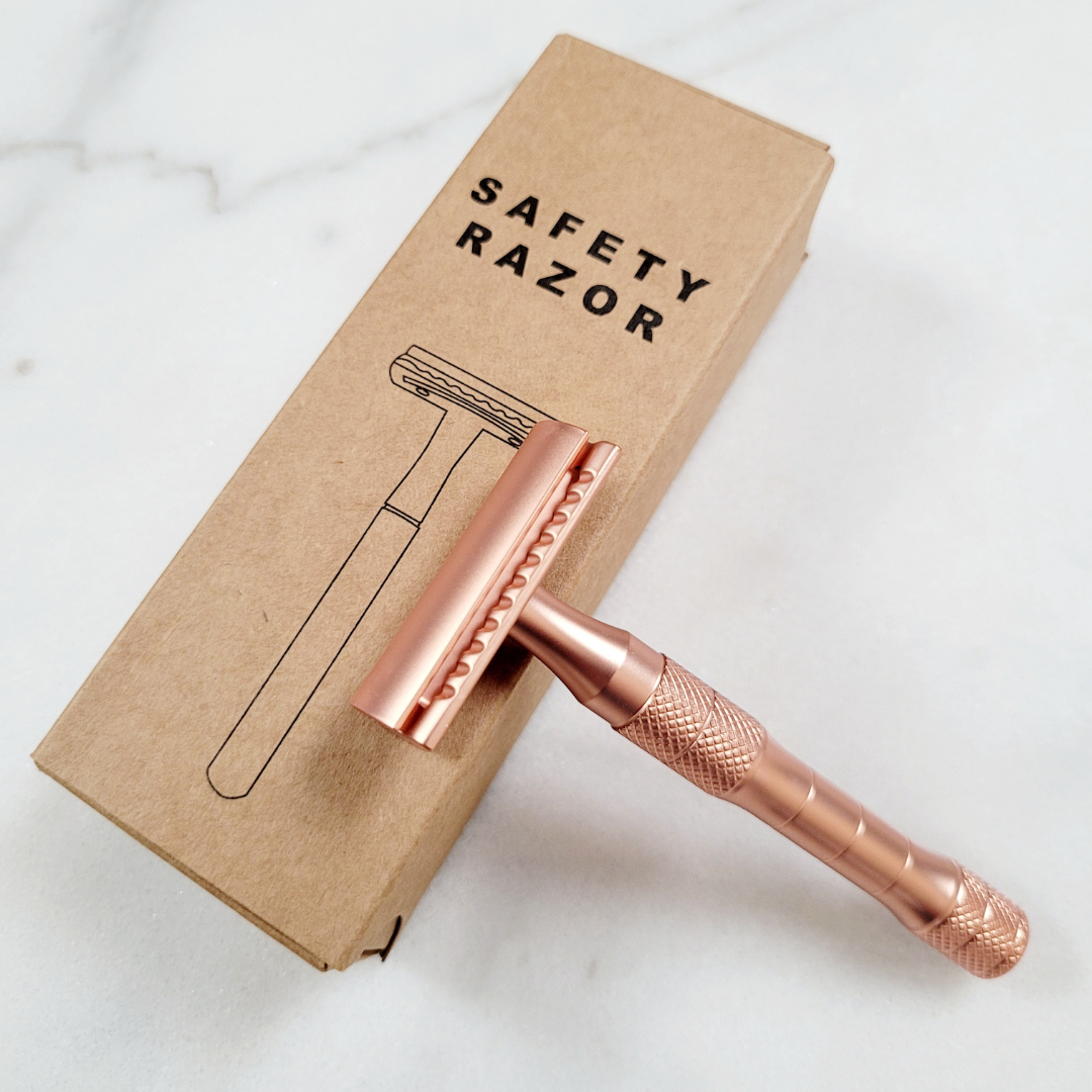 Caley-Beth safety razor for men in rose gold with eco-friendly packaging for smooth shaving