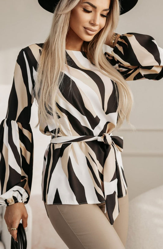 Sana Abstract Belted Printed Shirt Blouse - www.Shopthatapp.com