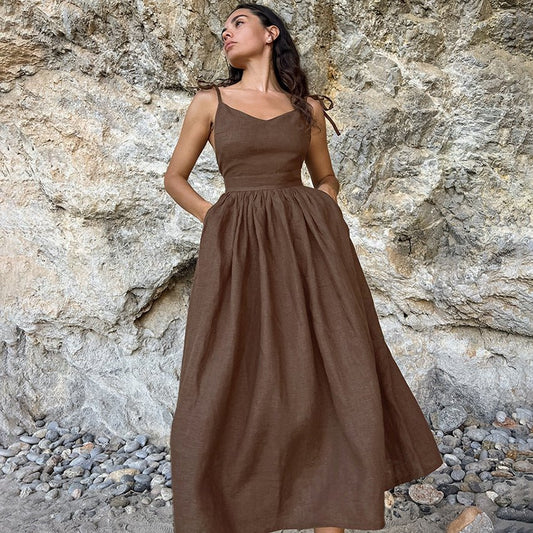 Santorini French Cotton And Linen Breathable Strap High Waist Dress - www.Shopthatapp.com