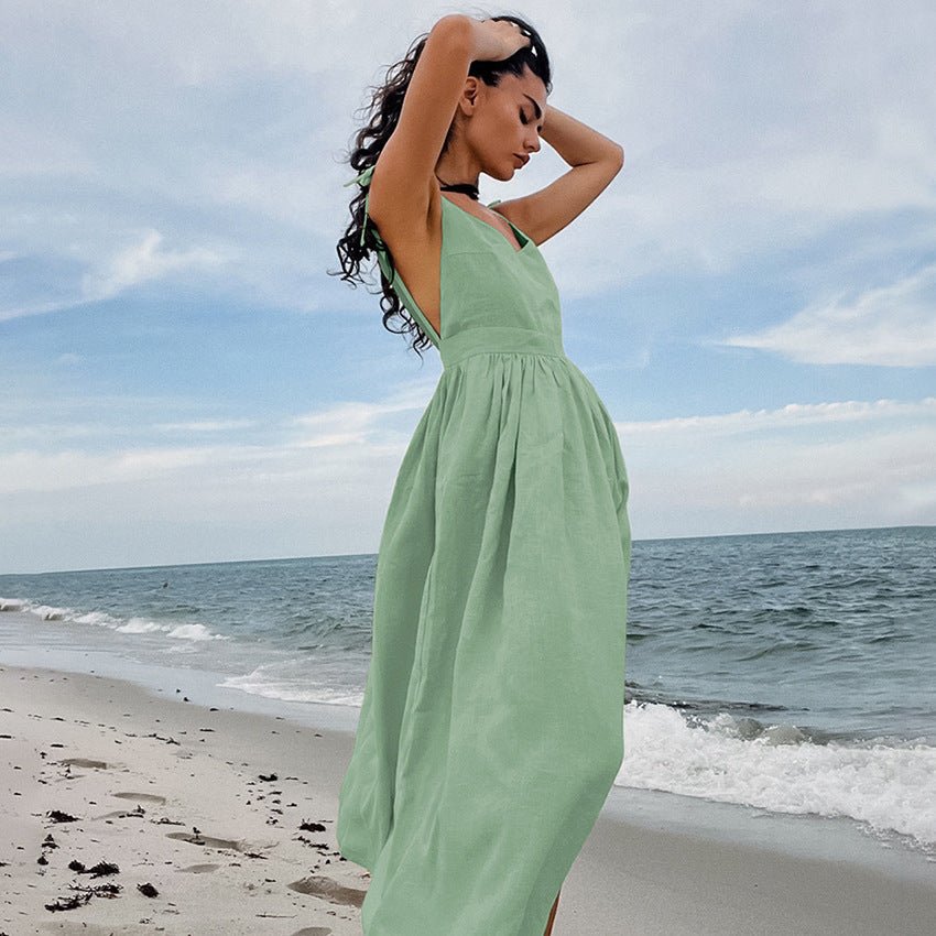 Santorini French Cotton And Linen Breathable Strap High Waist Dress - www.Shopthatapp.com