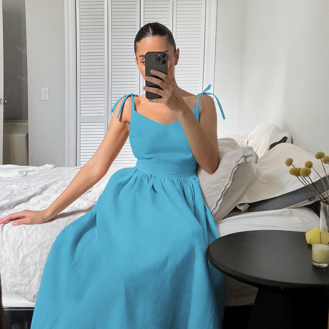 Santorini French Cotton And Linen Breathable Strap High Waist Dress - www.Shopthatapp.com