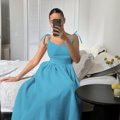 Santorini French Cotton And Linen Breathable Strap High Waist Dress - www.Shopthatapp.com