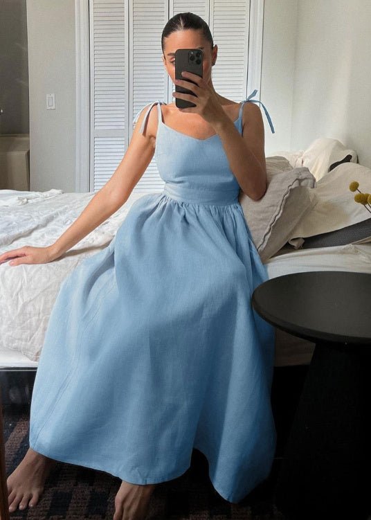 Santorini French Cotton And Linen Breathable Strap High Waist Dress - www.Shopthatapp.com