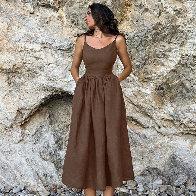 Santorini French Cotton And Linen Breathable Strap High Waist Dress - www.Shopthatapp.com