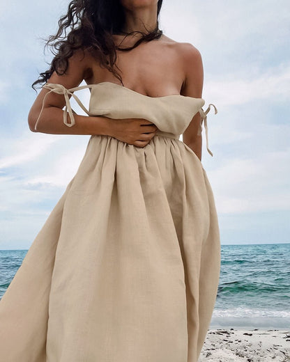 Santorini French Cotton And Linen Breathable Strap High Waist Dress - www.Shopthatapp.com