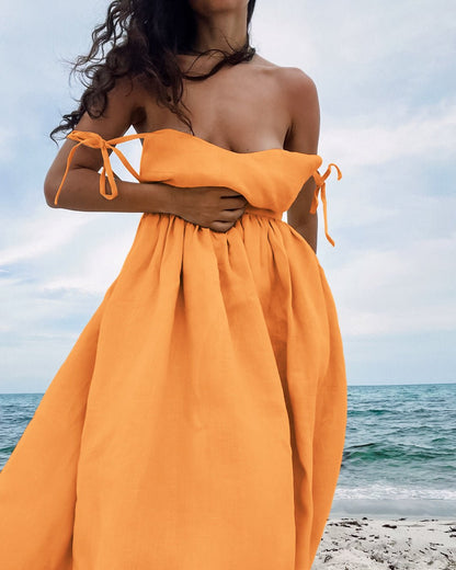 Santorini French Cotton And Linen Breathable Strap High Waist Dress - www.Shopthatapp.com