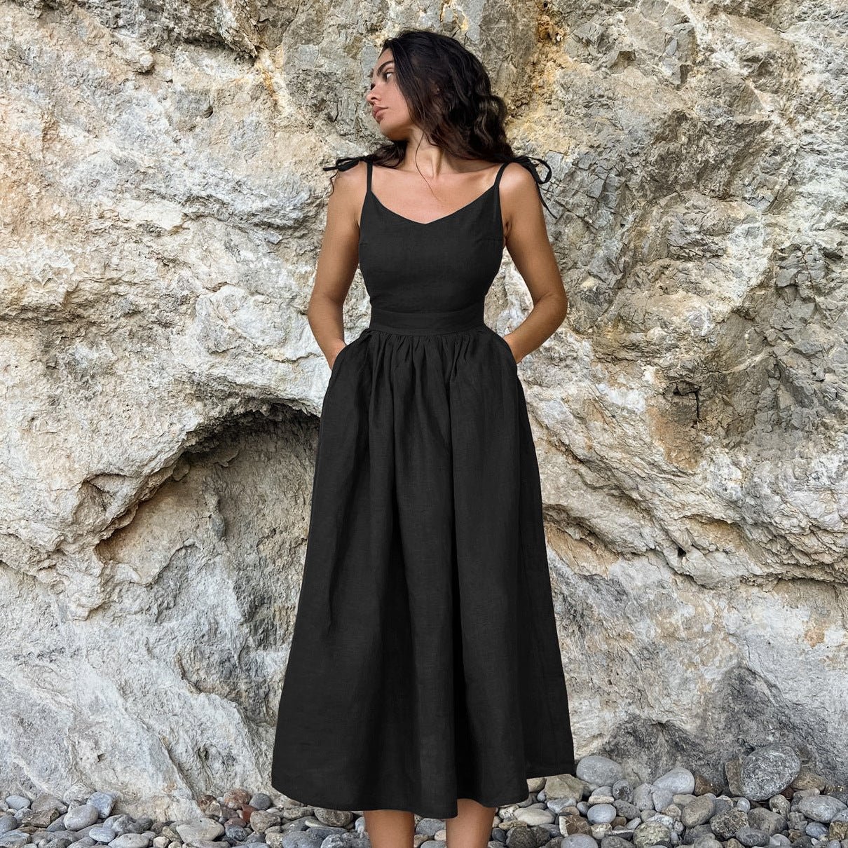 Santorini French Cotton And Linen Breathable Strap High Waist Dress - www.Shopthatapp.com