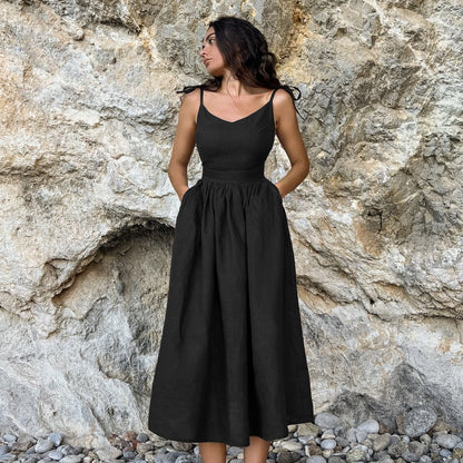 Santorini French Cotton And Linen Breathable Strap High Waist Dress - www.Shopthatapp.com