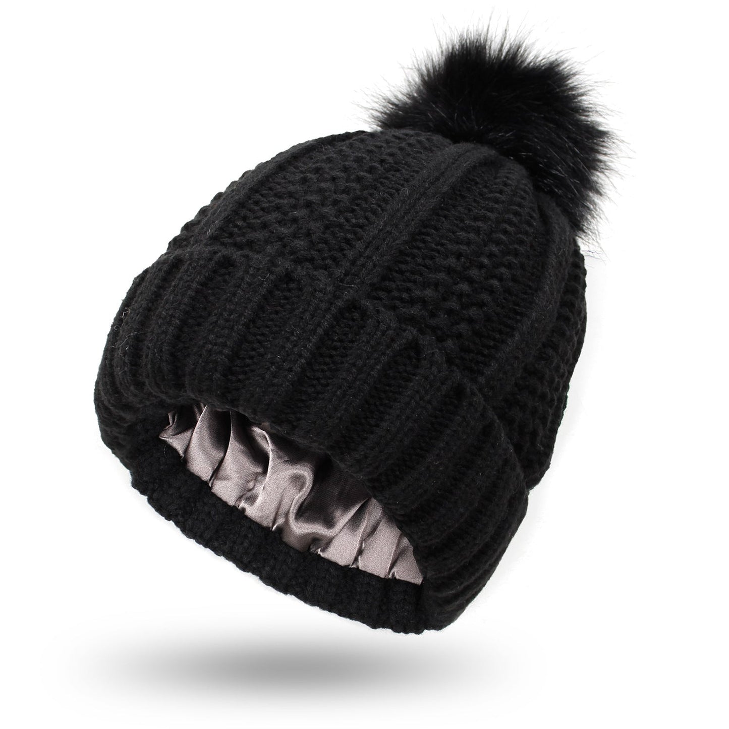 Bonnet en laine doublé de satin avec pompon en fausse fourrure