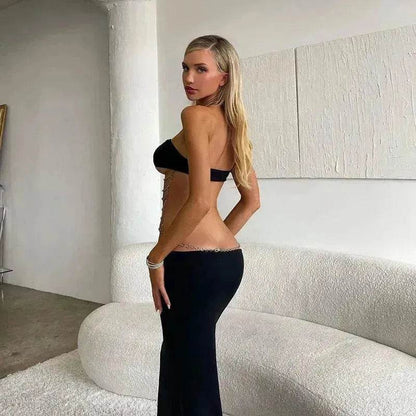 Charming Fashion Personality Halter Neck Wrap Chest Cutout Party Long Black  Dress for Women - www.Shopthatapp.com