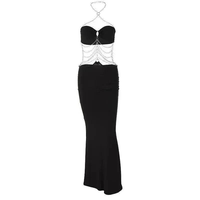 Charming Fashion Personality Halter Neck Wrap Chest Cutout Party Long Black  Dress for Women - www.Shopthatapp.com