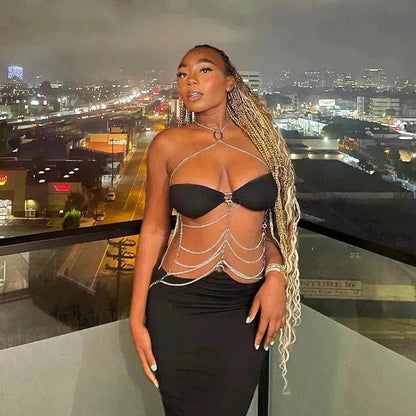 Charming Fashion Personality Halter Neck Wrap Chest Cutout Party Long Black  Dress for Women - www.Shopthatapp.com