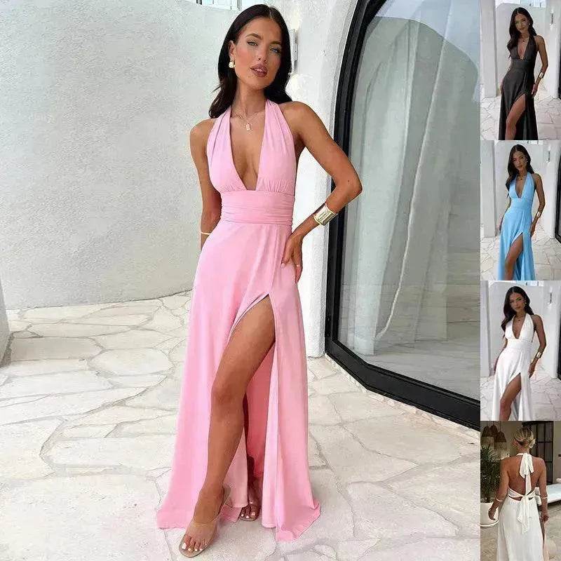 Charming Halterneck V-neck Slit Dress Summer Backless Strappy Skirt Fashion Temperament Clothing Women - www.Shopthatapp.com