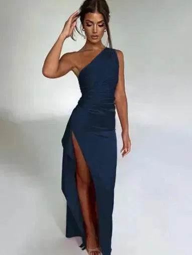 Charming One-shoulder Backless Split Dress Summer Elegant Slim-fit Solid Color Satin Dresses For Women - www.Shopthatapp.com