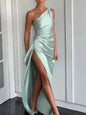 Charming One-shoulder Backless Split Dress Summer Elegant Slim-fit Solid Color Satin Dresses For Women - www.Shopthatapp.com