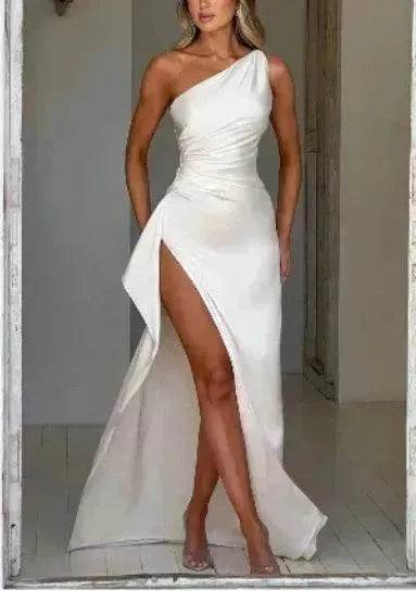 Charming One-shoulder Backless Split Dress Summer Elegant Slim-fit Solid Color Satin Dresses For Women - www.Shopthatapp.com