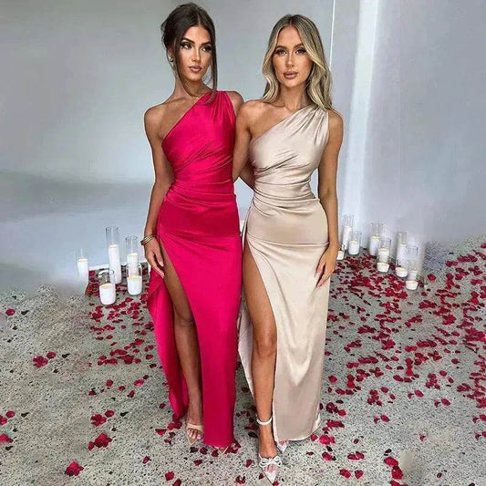Charming One-shoulder Backless Split Dress Summer Elegant Slim-fit Solid Color Satin Dresses For Women - www.Shopthatapp.com