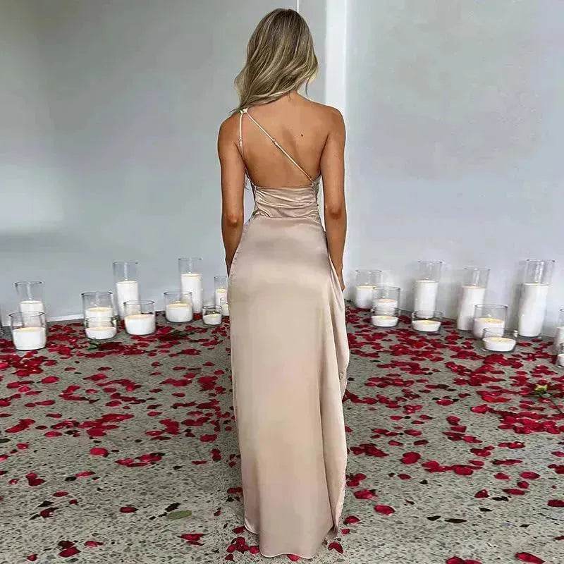 Charming One-shoulder Backless Split Dress Summer Elegant Slim-fit Solid Color Satin Dresses For Women - www.Shopthatapp.com