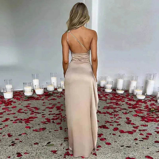 Charming One-shoulder Backless Split Dress Summer Elegant Slim-fit Solid Color Satin Dresses For Women - www.Shopthatapp.com