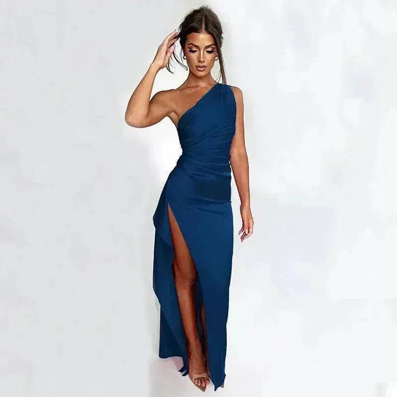 Charming One-shoulder Backless Split Dress Summer Elegant Slim-fit Solid Color Satin Dresses For Women - www.Shopthatapp.com