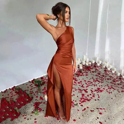 Charming One-shoulder Backless Split Dress Summer Elegant Slim-fit Solid Color Satin Dresses For Women - www.Shopthatapp.com