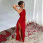 Charming One-shoulder Backless Split Dress Summer Elegant Slim-fit Solid Color Satin Dresses For Women - www.Shopthatapp.com