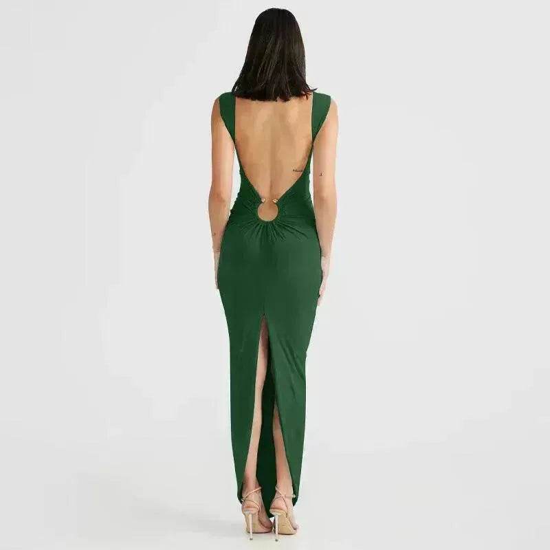 Charming V-neck Backless Slit Slim Fit Summer Dress - www.Shopthatapp.com