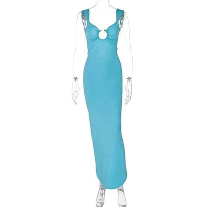 Charming V-neck Backless Slit Slim Fit Summer Dress - www.Shopthatapp.com