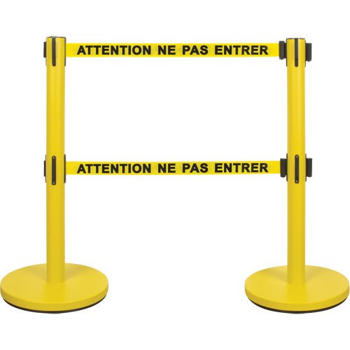 Dual Belt Crowd Control Barrier, Steel, 35" H, Yellow Tape, 7' Tape Length - www.Shopthatapp.com