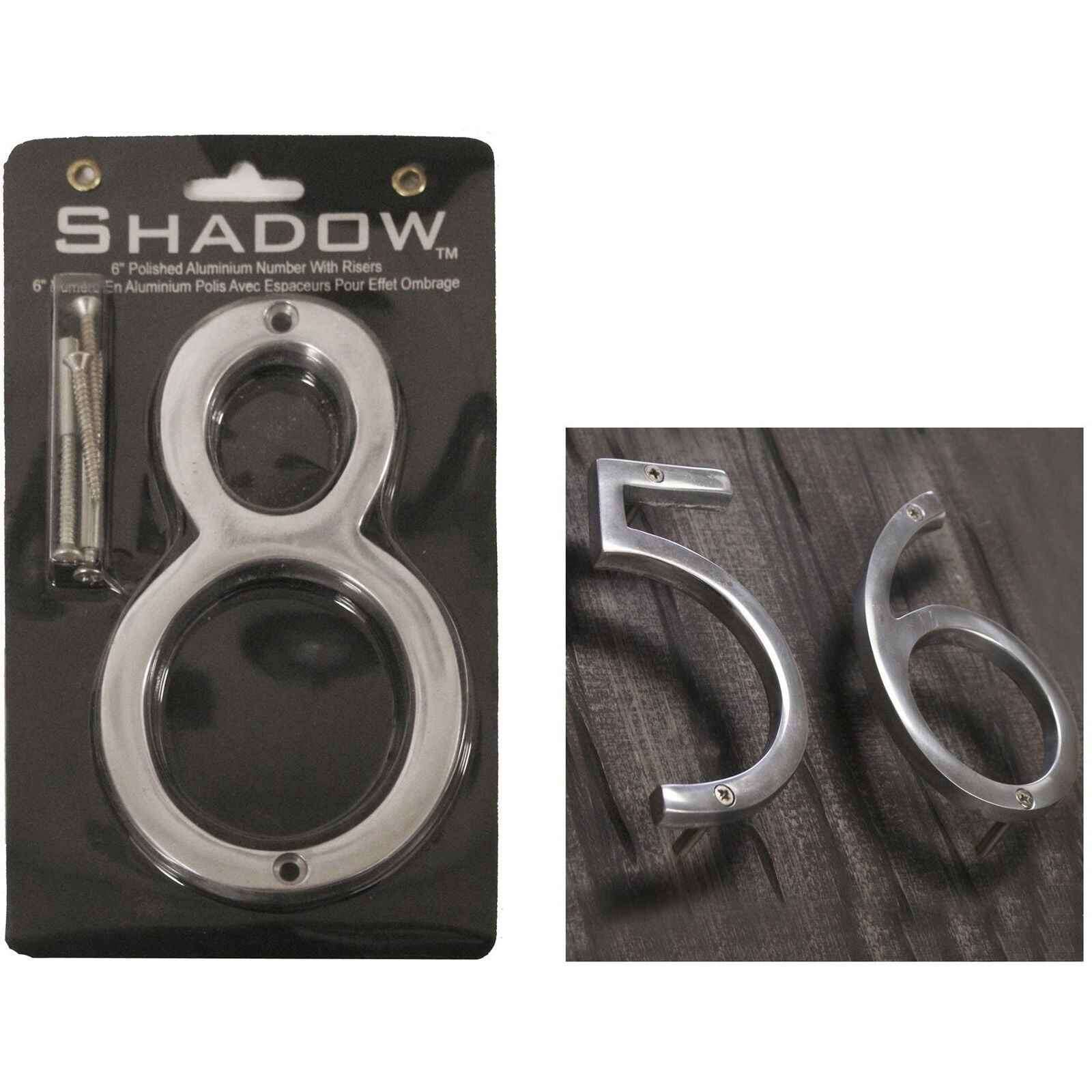 Polished aluminum number 8 in 6-inch size with mounting risers for home decor projects