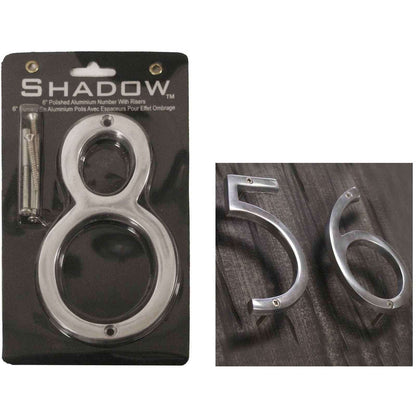 Polished aluminum number 8 in 6-inch size with mounting risers for home decor projects