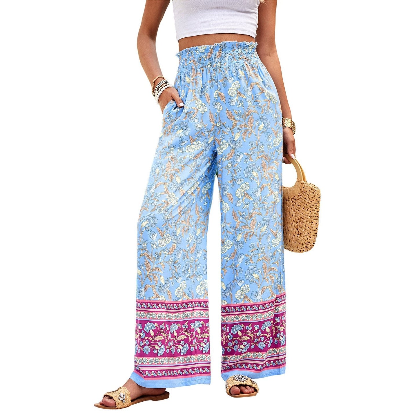 Silom Casual Cotton Printed Wide Leg Long Trousers - www.Shopthatapp.com