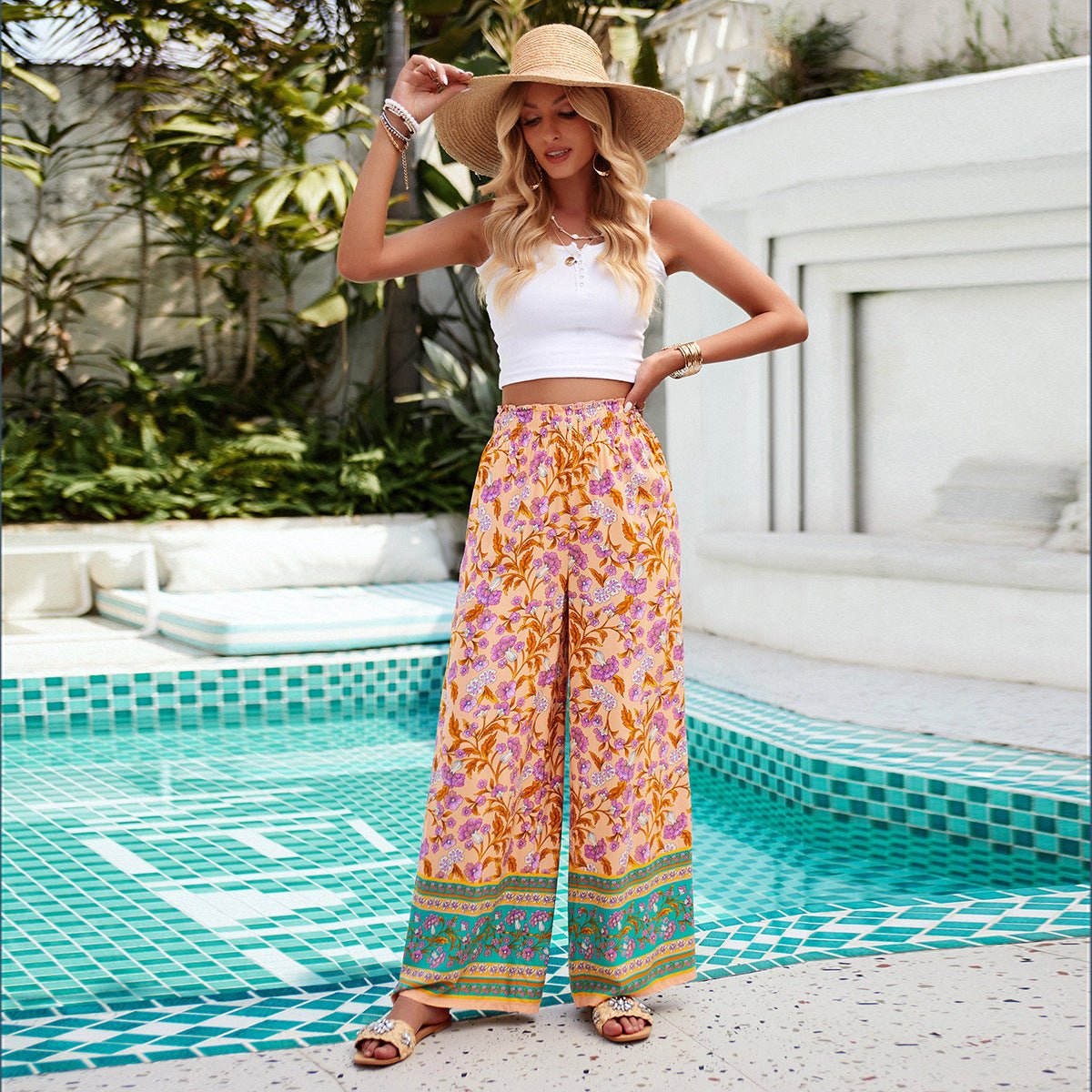 Silom Casual Cotton Printed Wide Leg Long Trousers - www.Shopthatapp.com