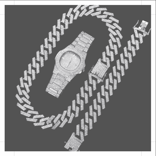 Silver Cuban link chain set featuring a stylish watch and matching bracelet made of sparkling silver links