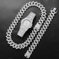Silver Cuban link chain set featuring a diamond-encrusted bracelet and watch for a luxurious look